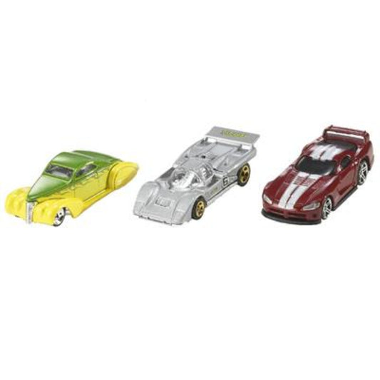Three toy cars in green, silver, and red on a white background
