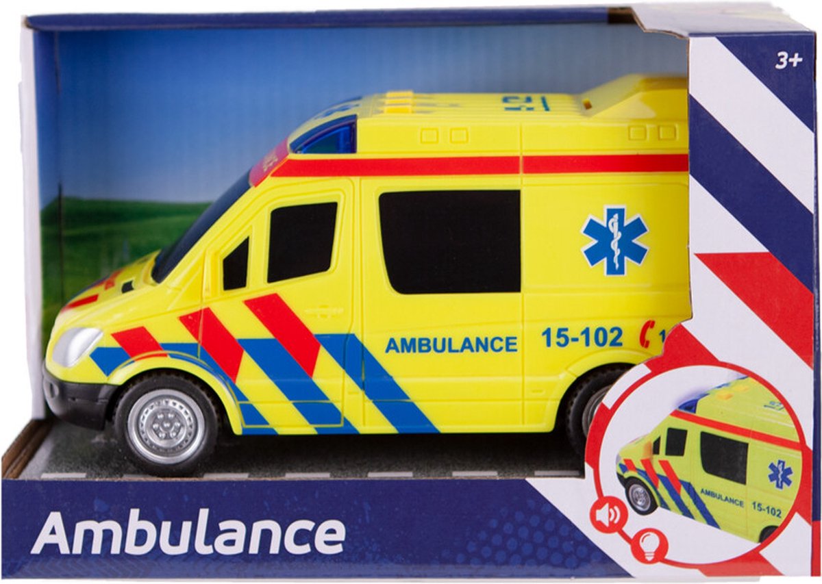 Model ambulance toy in packaging with visible branding and design elements.