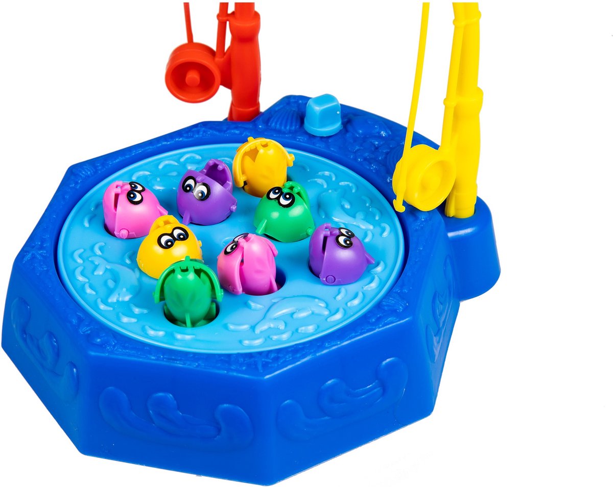Colorful children's fishing game with pegs and a blue base on a white background