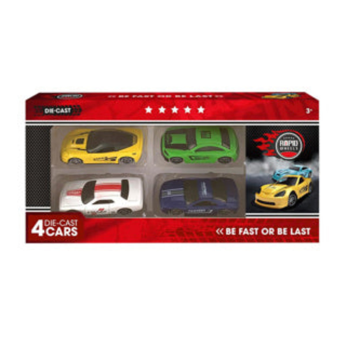 Box of 4 die-cast toy cars with a red and black design on a white background