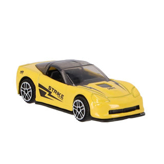 Yellow toy car with black accents on a white background