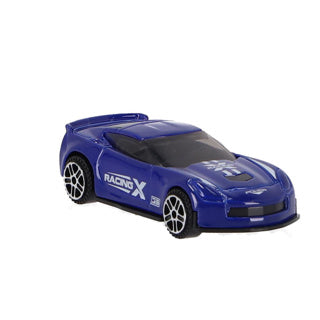 Blue toy car with black wheels on a white background