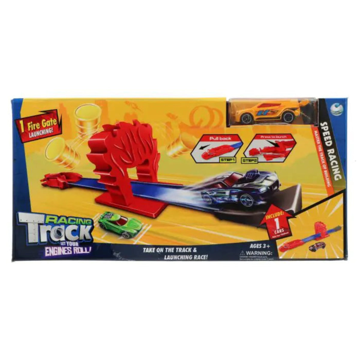 Toy racing track set with cars and launch ramp on a colorful box