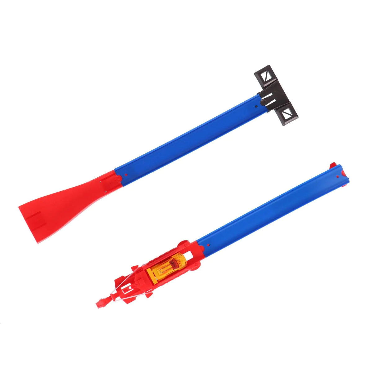 Red and blue toy weapon with a black handle on a white background