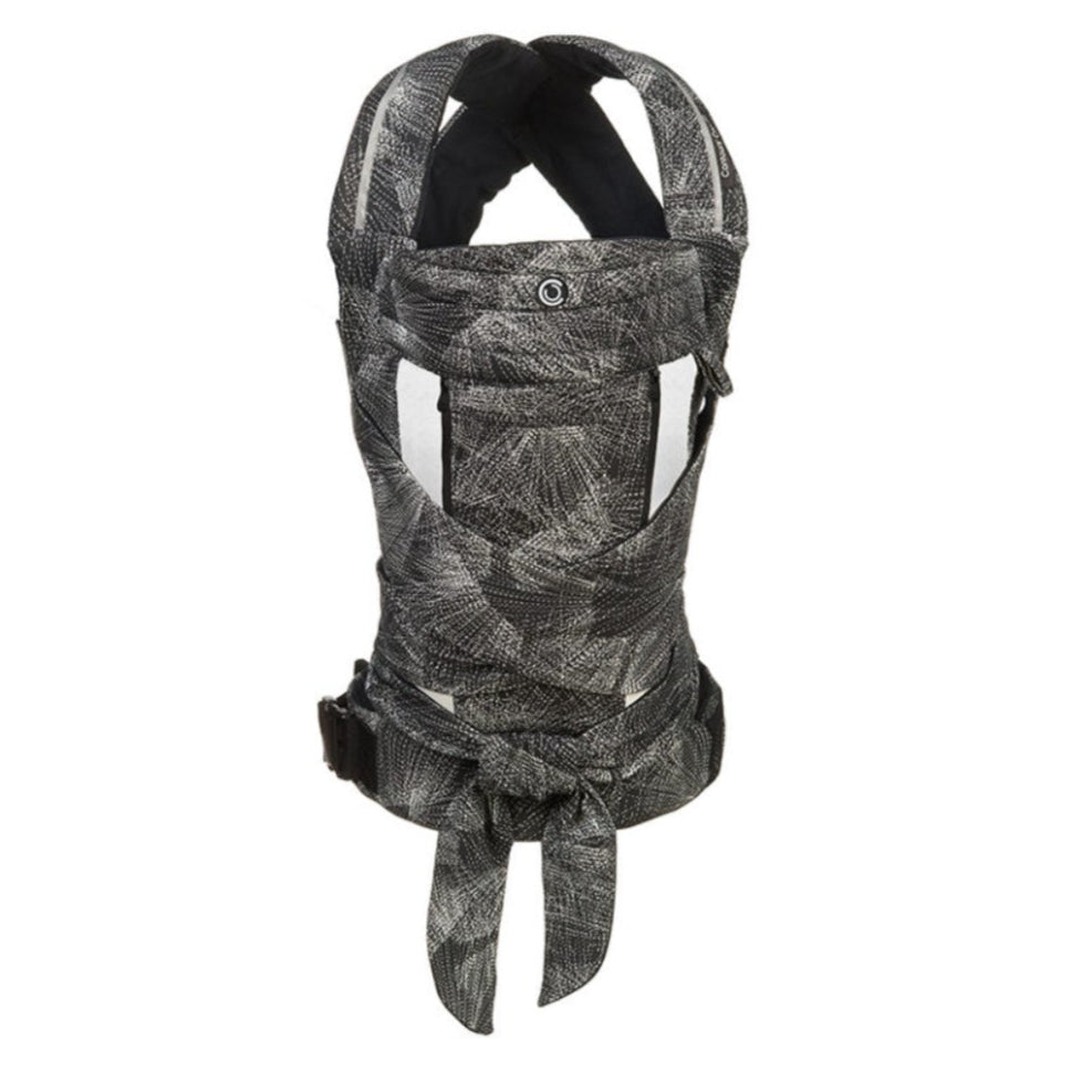 A black and white baby carrier with a buckled waistband and adjustable head support.