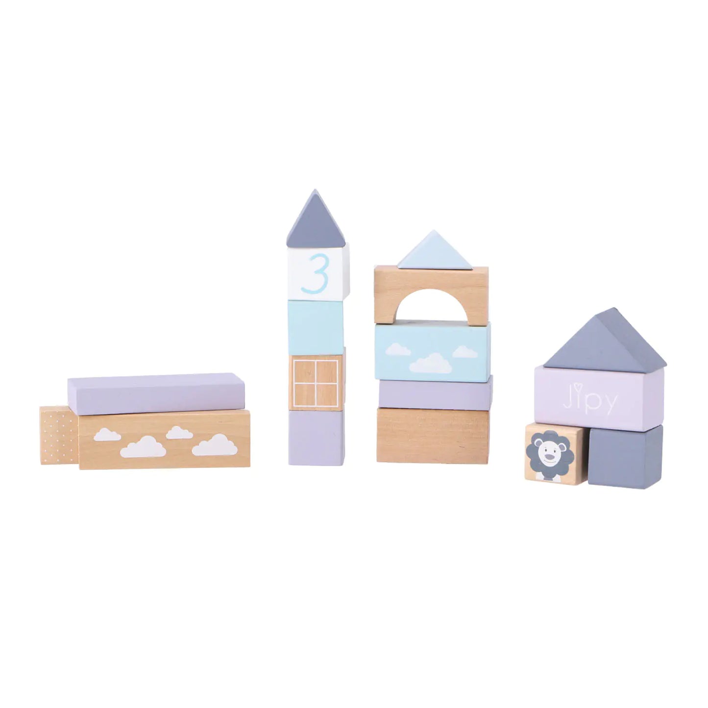 Set of colorful wooden blocks with shapes and numbers on a white background