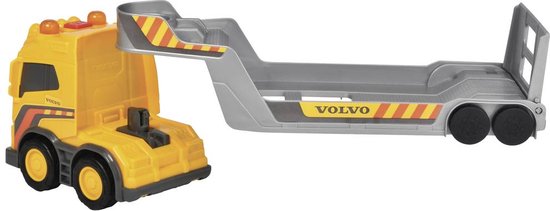 Toy truck with a trailer labeled 'Volvo' on a white background