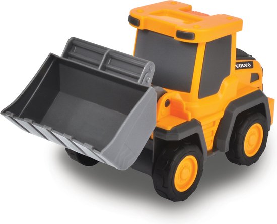 Toy bulldozer with orange and black colors on a white background
