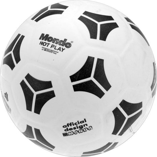 White soccer ball with black pentagonal patterns and 'Mondo' branding on a white background