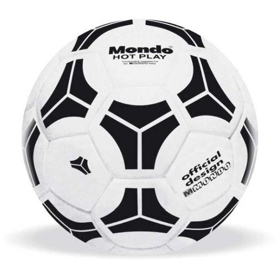 White soccer ball with black patterns and 'Mondo' branding on a white background