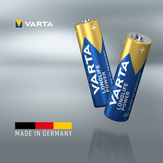Two Varta batteries on a gray background with 'Made in Germany' text.