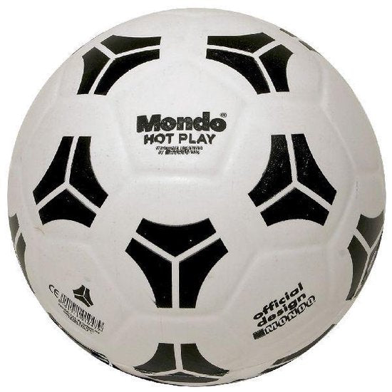 White soccer ball with black patterns and 'Mondo' branding on a white background