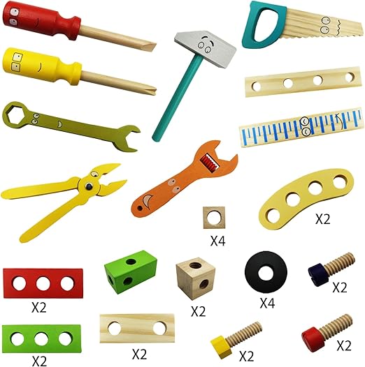 Set of colorful toy tools and hardware items on a white background