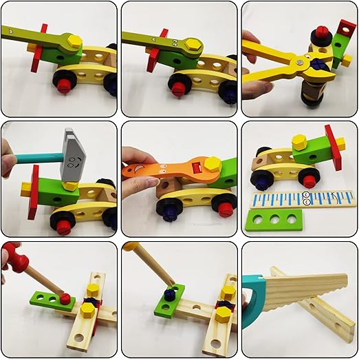 Collage of a wooden toy set with various components and tools on a white background.
