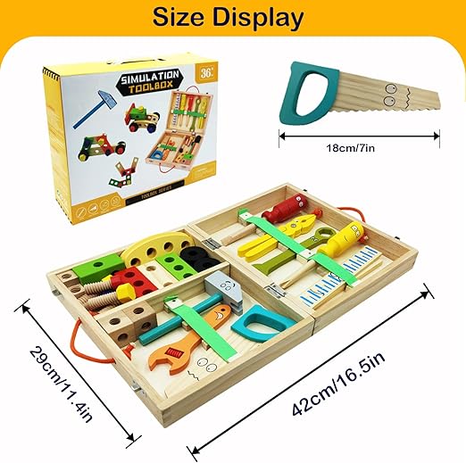 Wooden toy toolbox with tools and measurement details on a white background