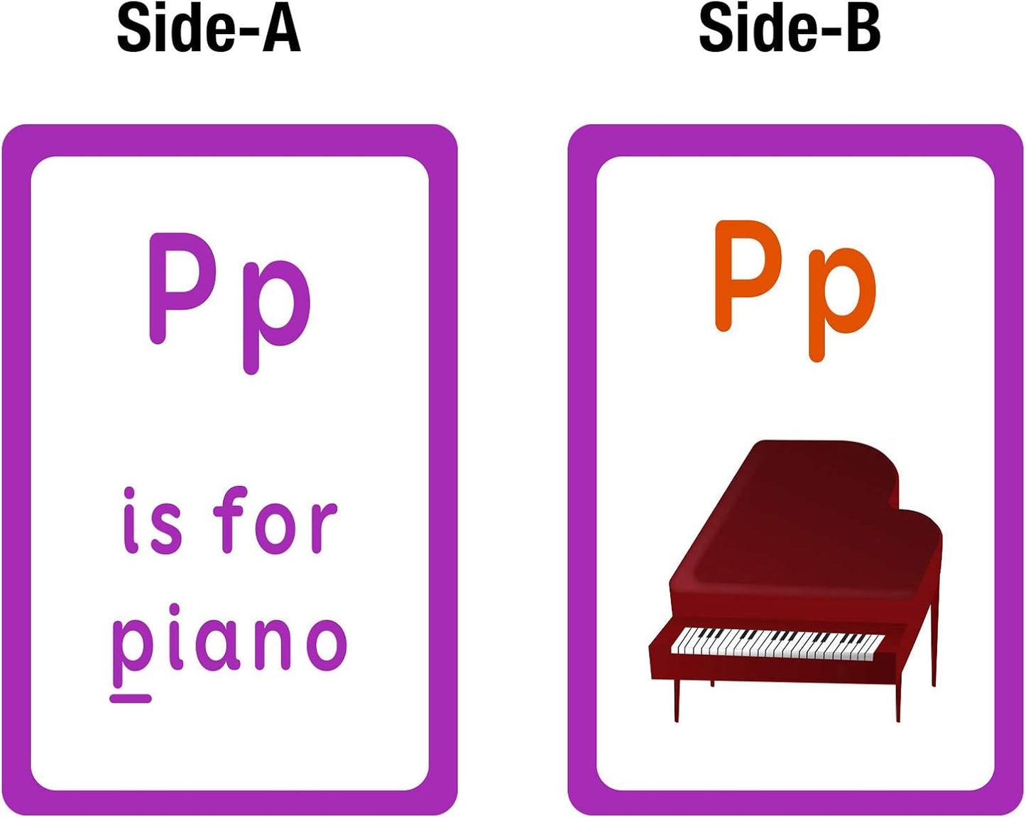 Two educational flashcards showing the letter 'P' and a piano illustration.