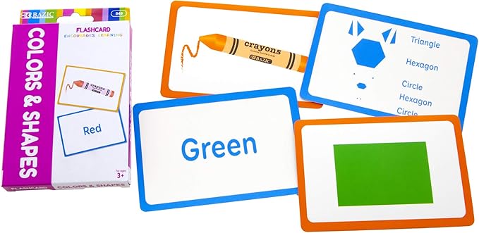 Color and shape flashcards with a box labeled 'Colors & Shapes' on a white background.