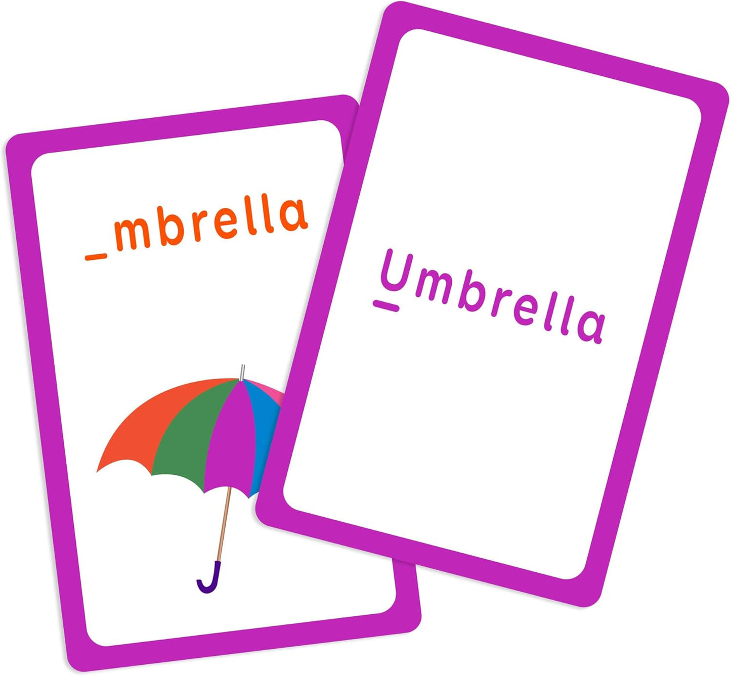Two flashcards with an umbrella illustration and the word 'Umbrella' on a white background