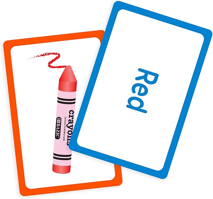 Two flashcards, one with a red crayon and the other with the word 'Red', on a white background.