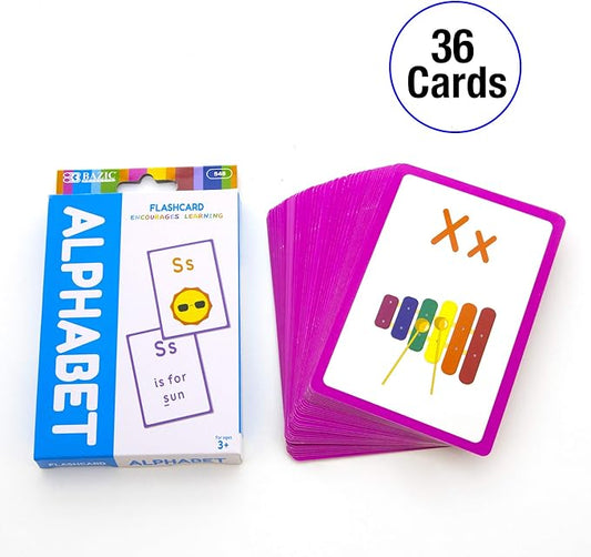 Flashcard set with alphabet cards and packaging on a white background