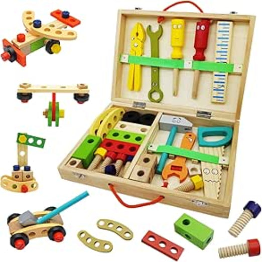 Wooden tool set with tools and toys in a box