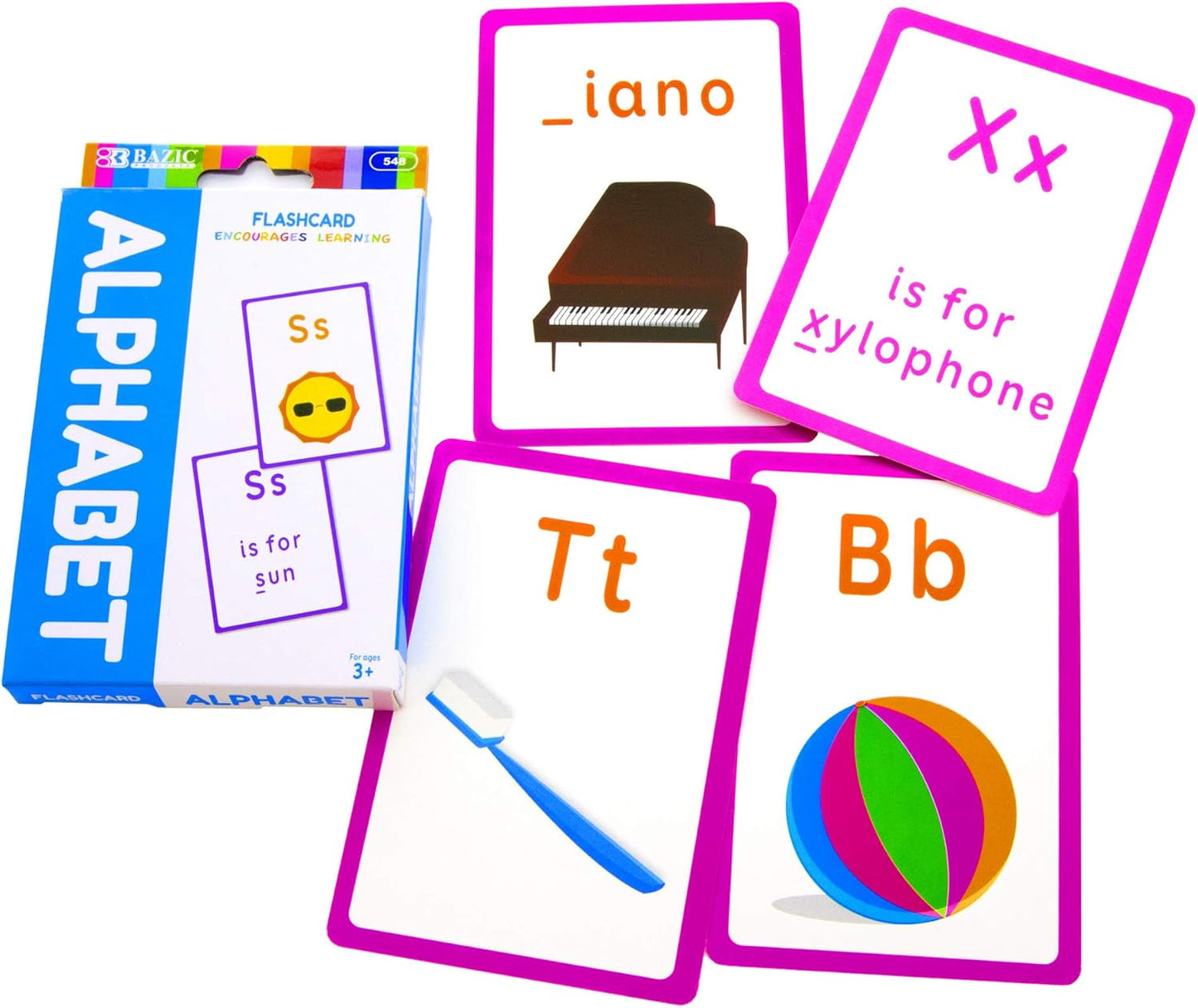 Alphabet flashcards with colorful border and educational text, including a box labeled 'Flashcard'.