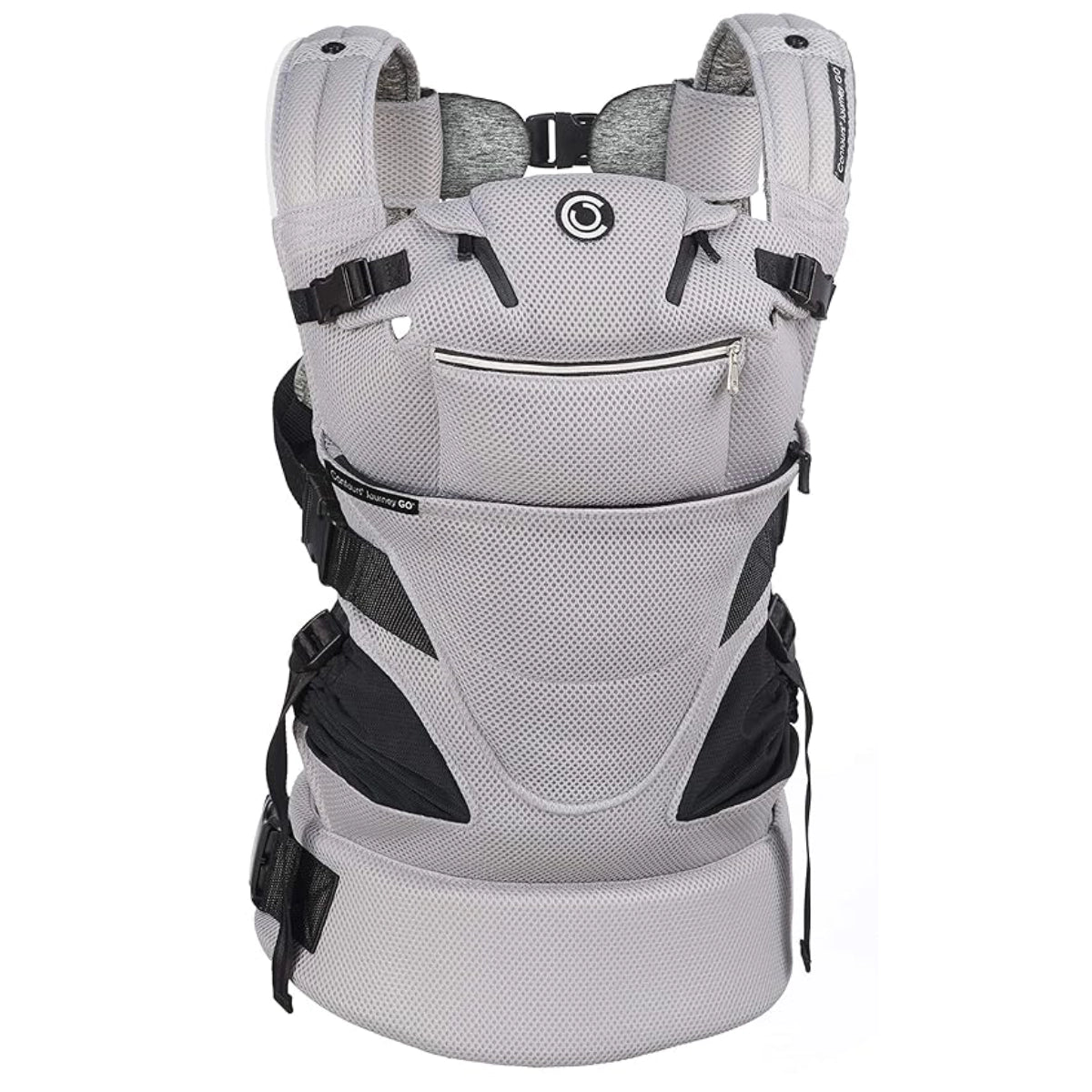 Gray baby carrier with black accents on a white background