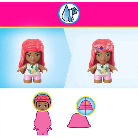 Toy figure with pink hair and pineapple shirt on a blue and pink background