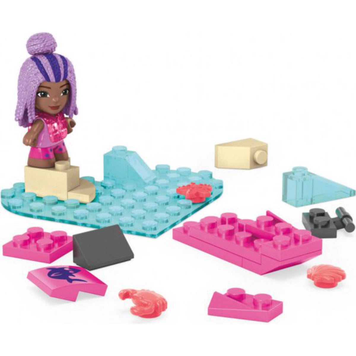LEGO set with a doll and various building blocks on a white background