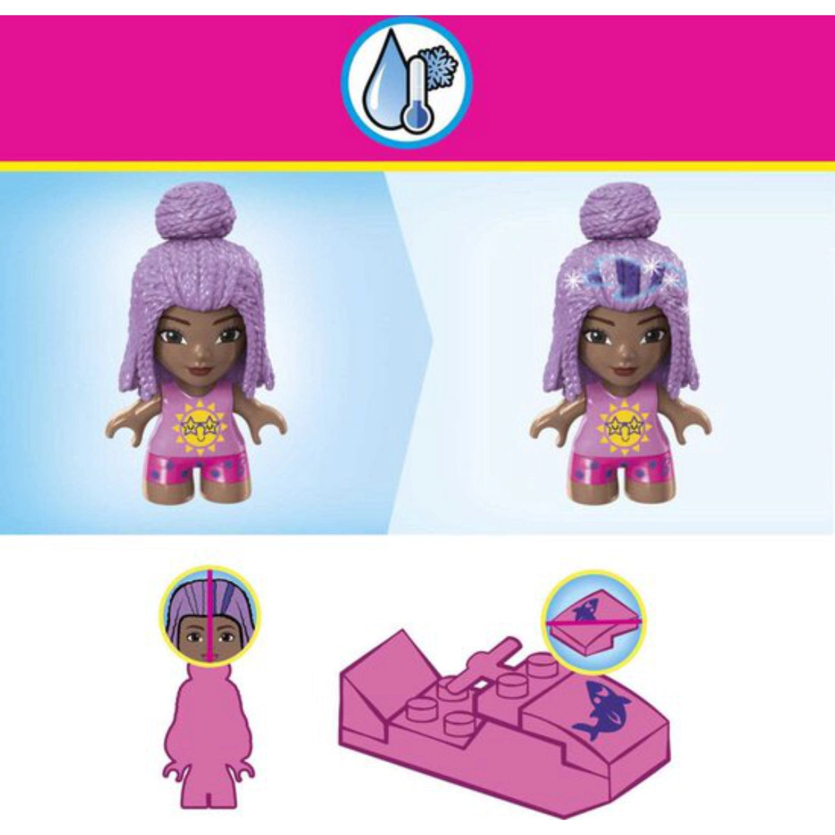 Toy figure with pink outfit and purple headband on a white background