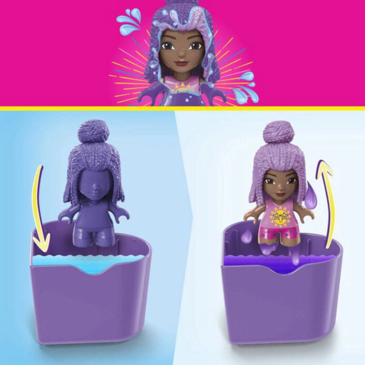Toy figure with purple hair and outfit in a purple container on a blue background