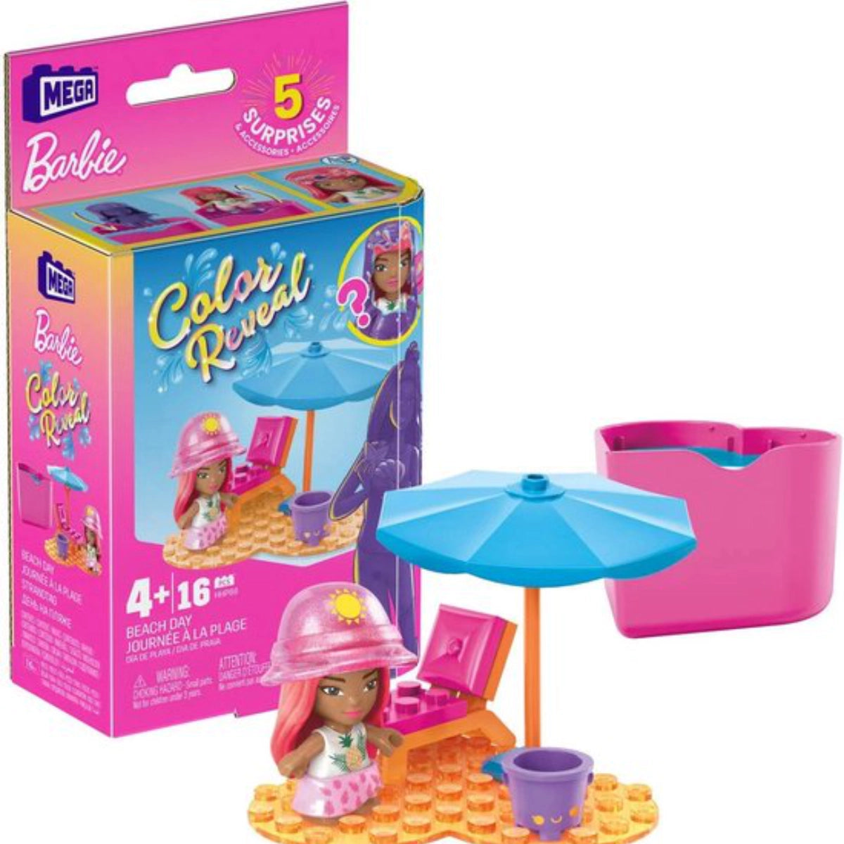 Barbie Color Reveal toy set with packaging and beach-themed accessories on a white background