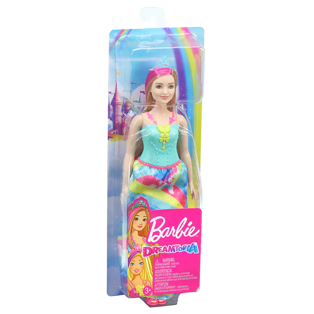 Barbie Dreamtopia doll in packaging with rainbow and castle background