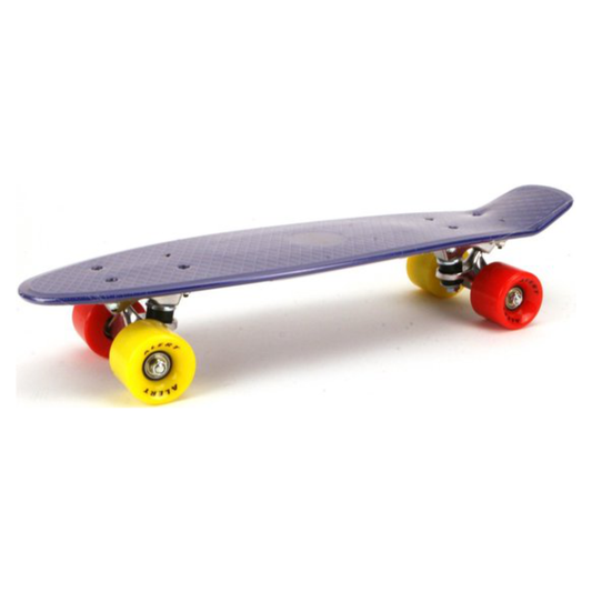 blue skateboard with red and yellow wheels on a white background