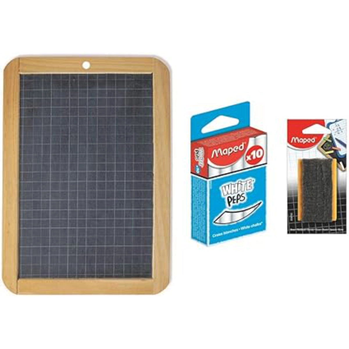 Grid slate with Maped white erasers packaging on a white background