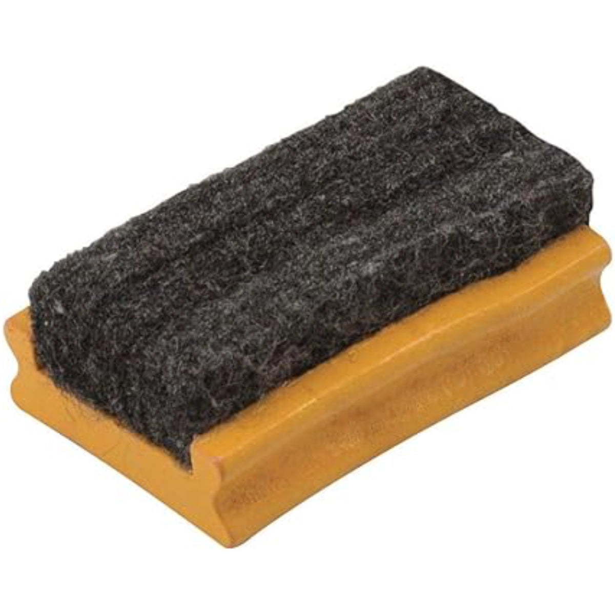 Rectangular eraser with yellow base and black rubber on a white background