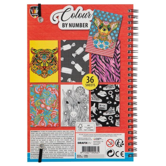Color by Number spiral-bound book with colorful designs on a white background