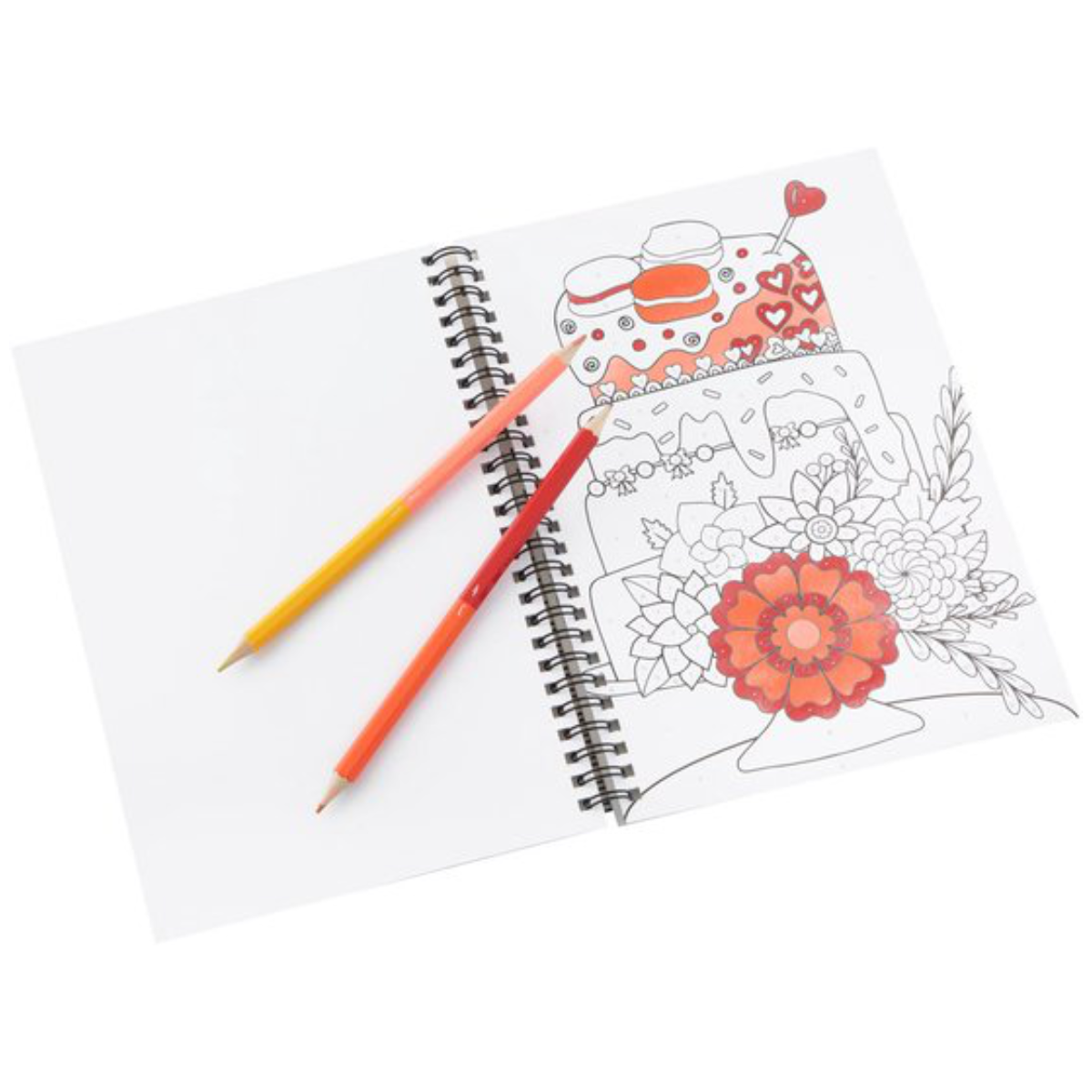 Coloring book with floral designs and two pencils on a white background
