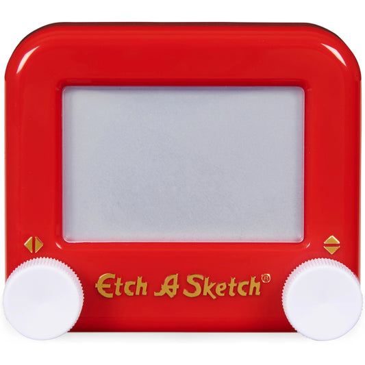 Red Etch A Sketch toy with white control knobs on a white background