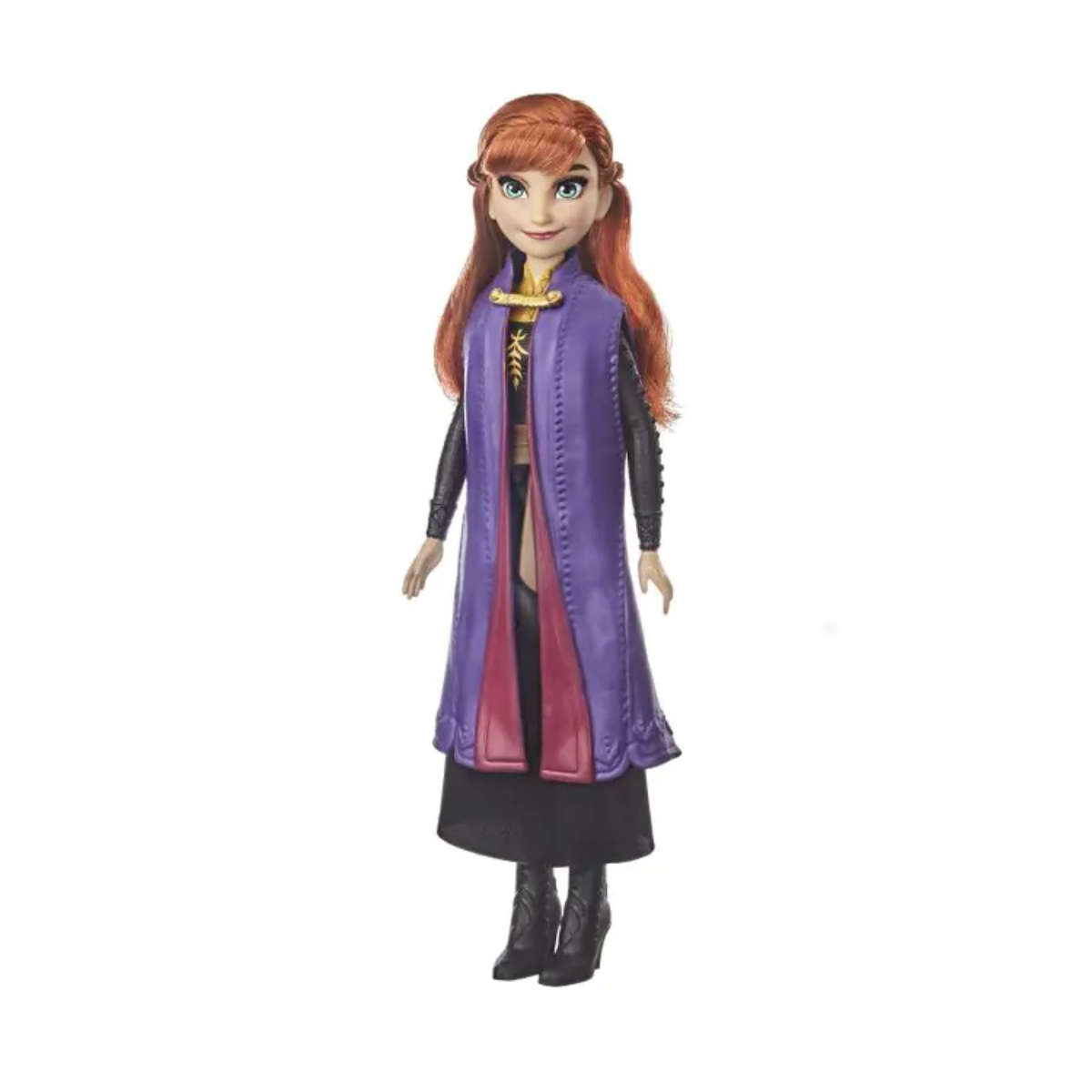 Toy doll with a purple dress and black boots on a white background