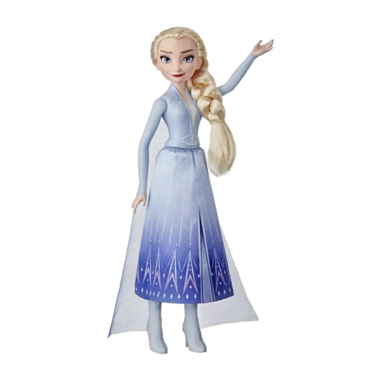 Toy doll in a long, light blue dress with a white background