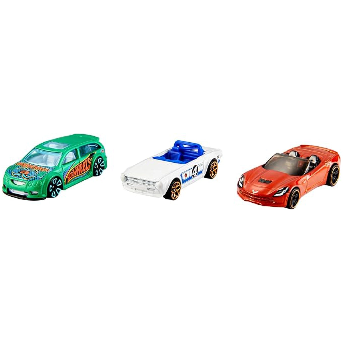 Three toy cars in green, white, and orange on a white background