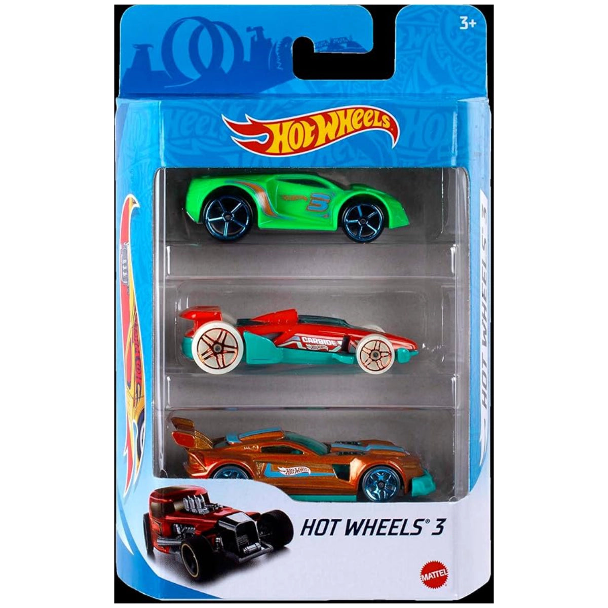 Hot Wheels toy car set in packaging with three cars visible.