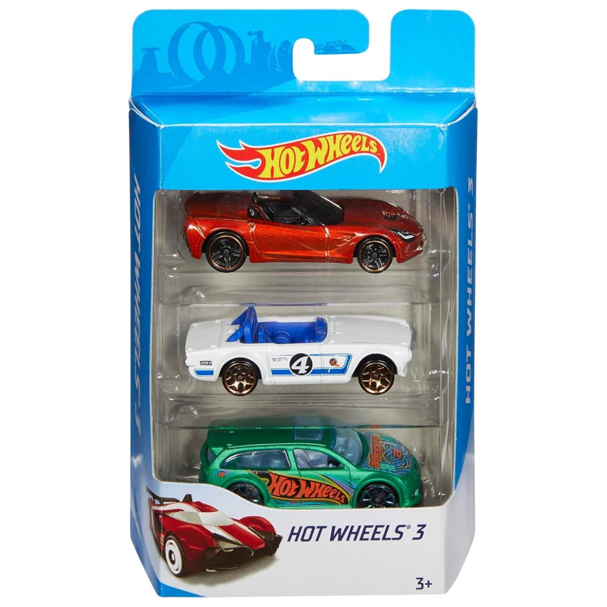 Hot Wheels toy car set in packaging with three cars visible.