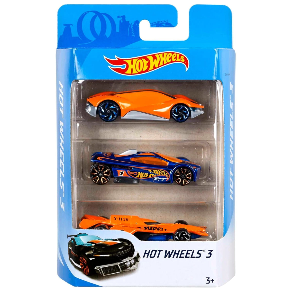 Hot Wheels packaging with three toy cars inside on a white background
