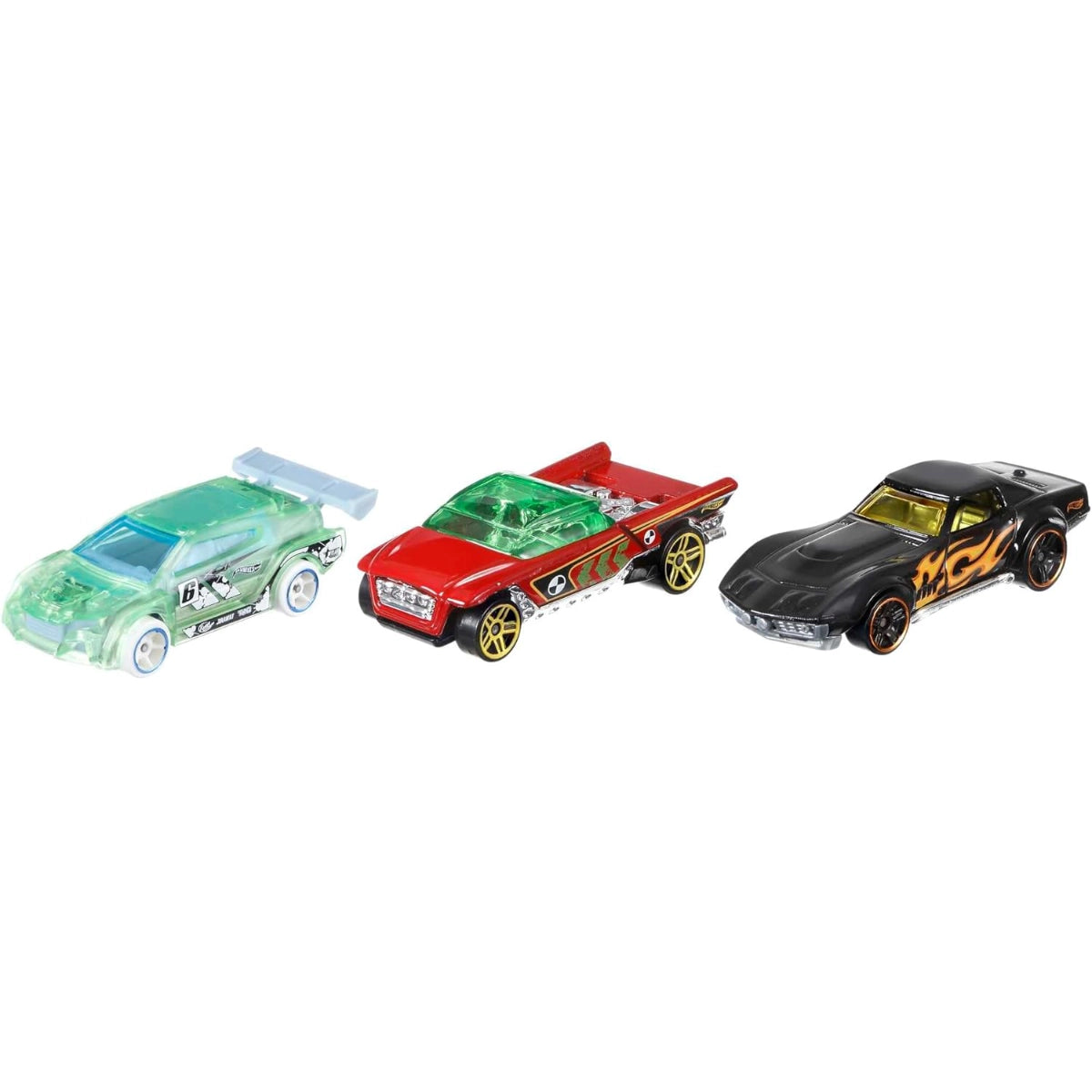 Three toy cars in green, red, and black on a white background