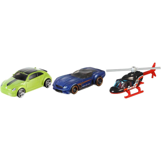 Three toy vehicles including a green car, blue car, and red helicopter on a white background