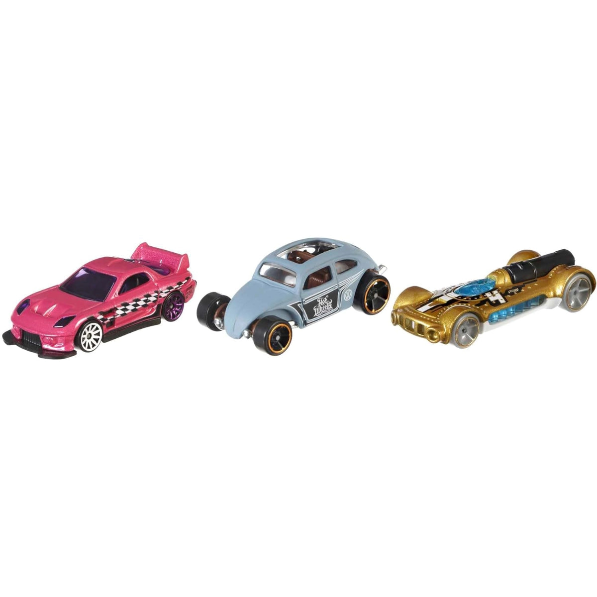 Three toy cars in pink, blue, and gold on a white background