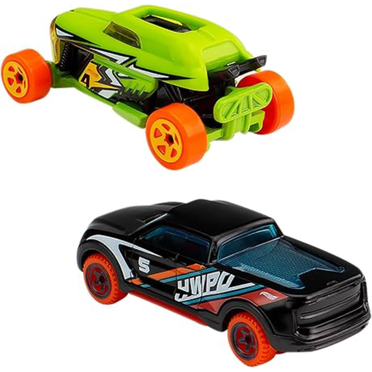 Two toy cars, one green and one black with red wheels, on a white background.