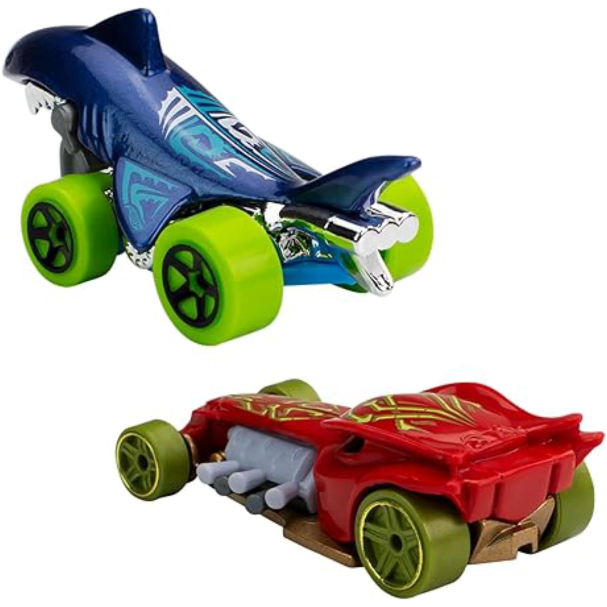 Two toy cars, one blue and one red with green wheels, on a white background.